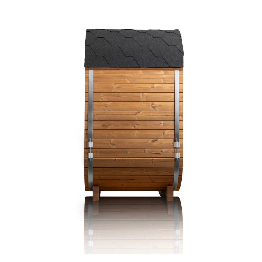Wooden barrel with a black roof on a white background