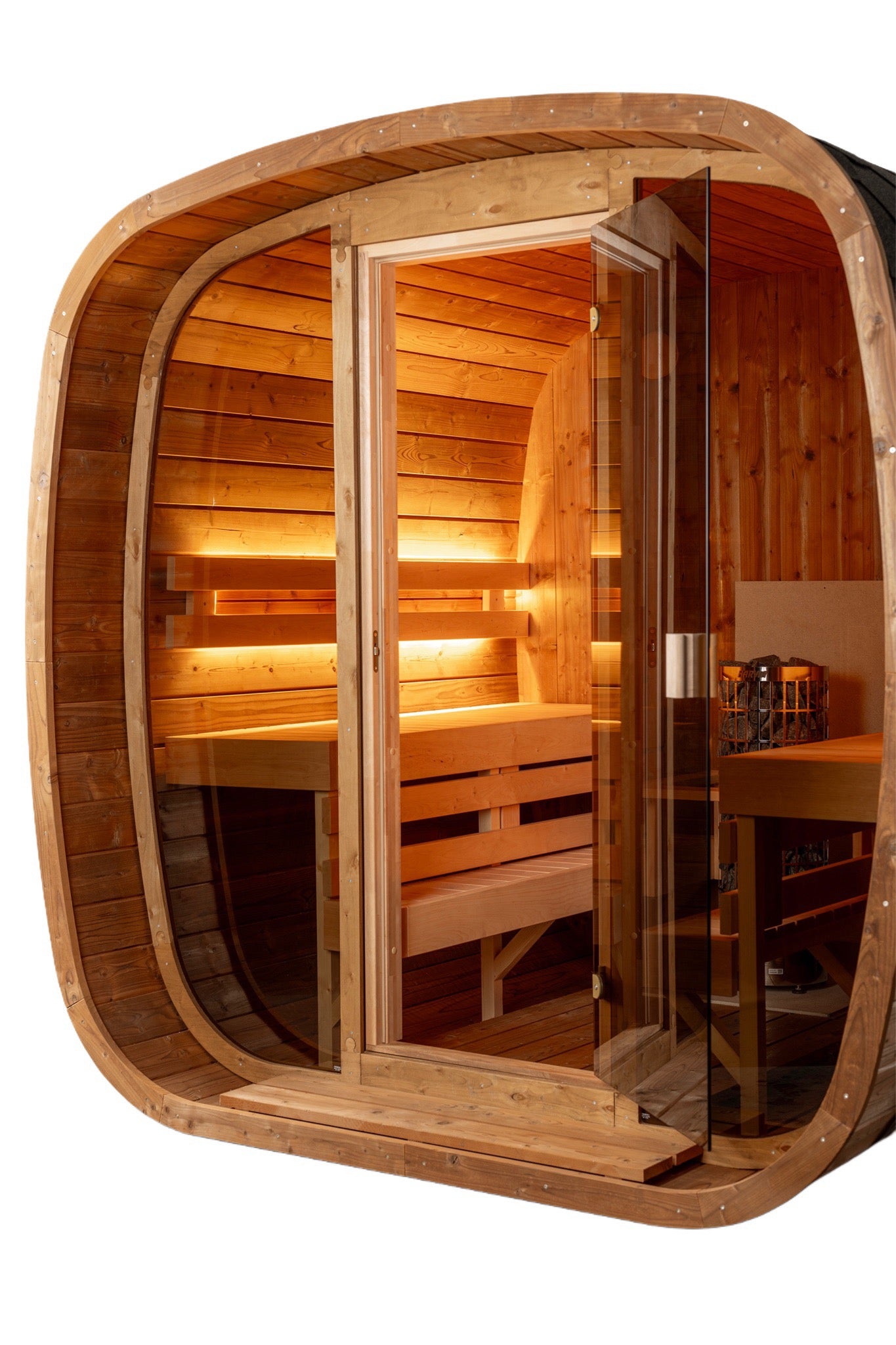 Natural red cedar interior of Auris Two outdoor sauna