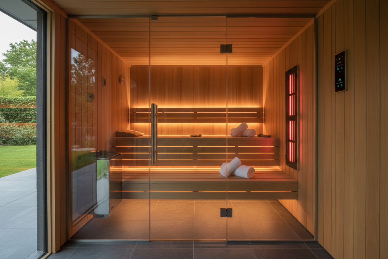 Luxury Hybrid Sauna Suite 4-Person interior, premium cedar wood, warm amber lighting