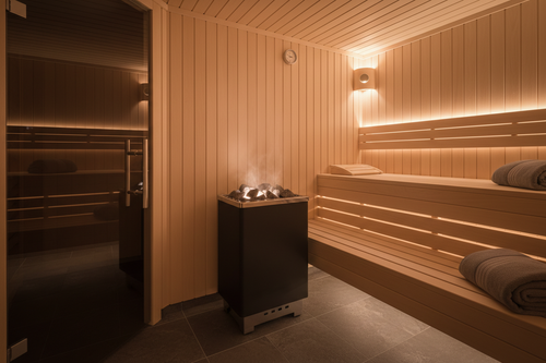 Classic Finnish Steam Sauna 4-Person interior, Nordic spruce wood, warm amber lighting, peaceful luxury wellness