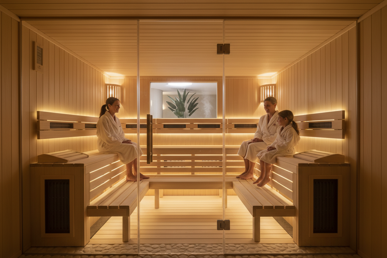 Full Spectrum Infrared Sauna 4-Person interior, spacious hemlock wood benches, warm golden lighting, peaceful luxury wellness