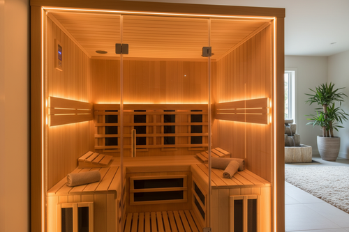 Full Spectrum Infrared Sauna 2-Person interior, Canadian hemlock wood, warm amber lighting, peaceful luxury wellness