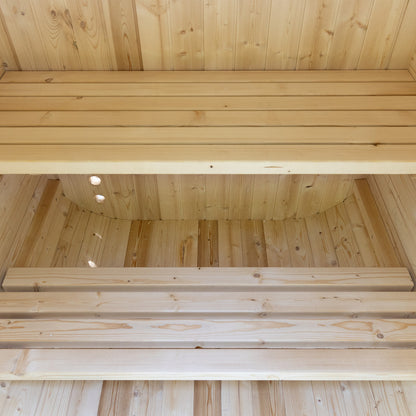 Wooden interior of a sauna with horizontal wooden slats.